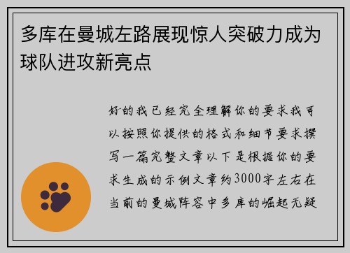 多库在曼城左路展现惊人突破力成为球队进攻新亮点 多库在曼城左路展现惊人突破力成为球队进攻新亮点